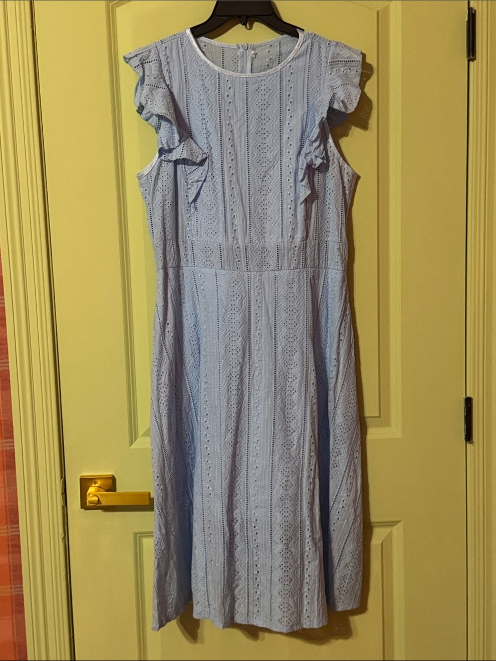 Light Blue Eyelet Midi Dress with Ruffle Sleeves